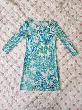Lilly Pulitzer Sophie Boatneck Dress UPF 50+ 3/4 Sleeve Sea Sirens Print Size XS